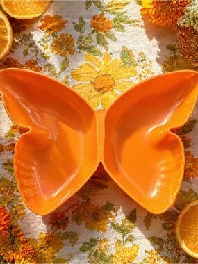 Vintage Orange Butterfly Trinket Dish Candy Bowl Retro Plastic Decor